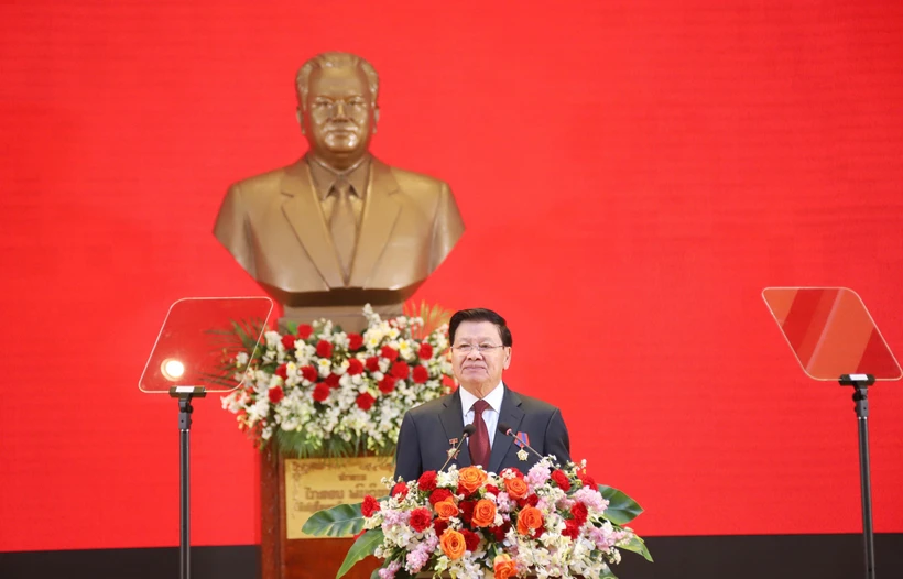 LPRP General Secretary and President of Laos Thongloun Sisoulith speaks at the grand ceremony in Vientiane on March 22. (Photo: VNA)