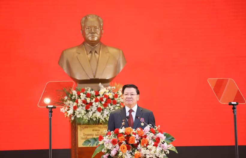 LPRP General Secretary and President of Laos Thongloun Sisoulith speaks at the grand ceremony in Vientiane on March 22. (Photo: VNA)