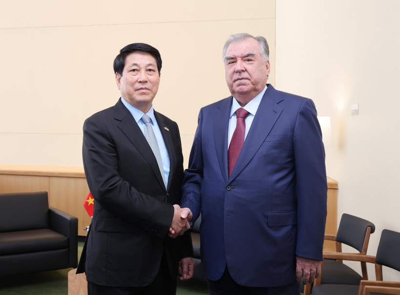 Vietnamese State President Luong Cuong (L) and Tajikistani President Emomali Rahmon at their meeting in New York on September 22 (local time). (Photo: VNA)