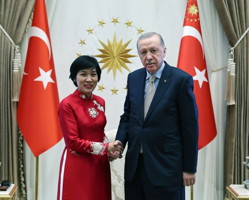 Vietnamese Ambassador to Türkiye Dang Thi Thu Ha (L) and Turkish President Recep Tayyip Erdogan (Photo: VNA)