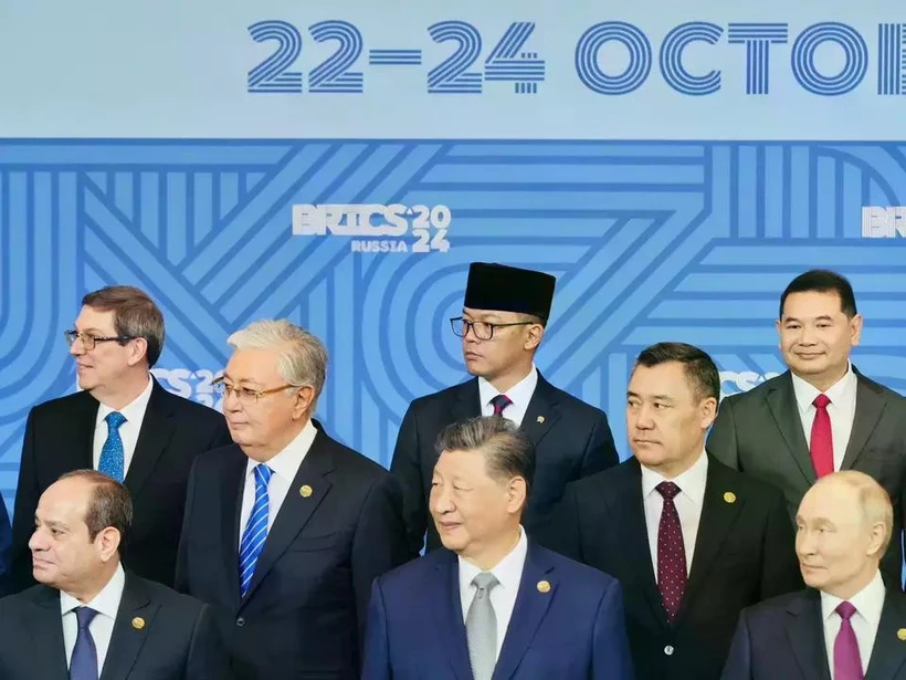 Foreign Affairs Minister Sugiono, who dons a peci or black cap, at the back, attends the BRICS Plus Summit in Kazan, Russia, on October 24, 2024. (Photo courtesy of Foreign Affairs Ministry) 