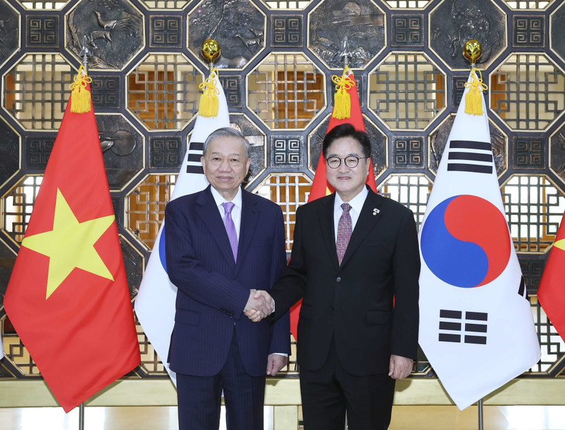 Party General Secretary To Lam (L) and National Assembly Speaker of the Republic of Korea (RoK) Woo Won Sik at a meeting in Seoul on August 12 (Photo: VNA)