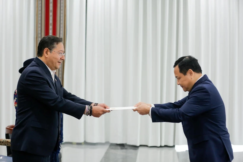 Vietnamese Ambassador to Brazil and Bolivia Bui Van Nghi (R) presents his credentials to Bolivian President Luis Alberto Arce. (Photo: VNA)