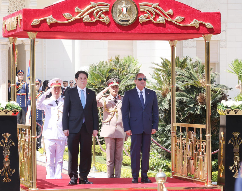 President Luong Cuong (L) at the red-carpet welcome ceremony hosted by President Abdel Fattah El-Sisi (Photo: VNA)