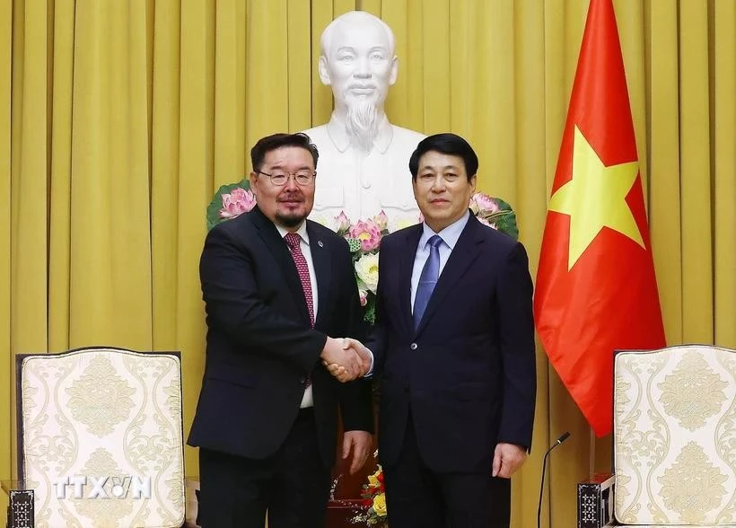 State President Luong Cuong (R) hosts Chairman of the Presidential Office of Mongolia Gombojav Zandanshatar in Hanoi on January 13. (Photo: VNA)