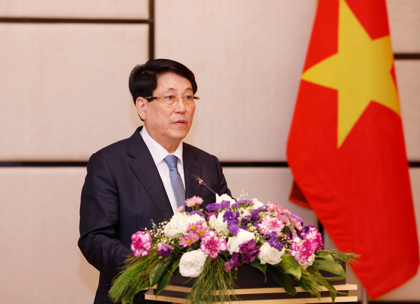 State President Luong Cuong speaks at the meeting with the Vietnamese community in Laos on April 25. (Photo: VNA)