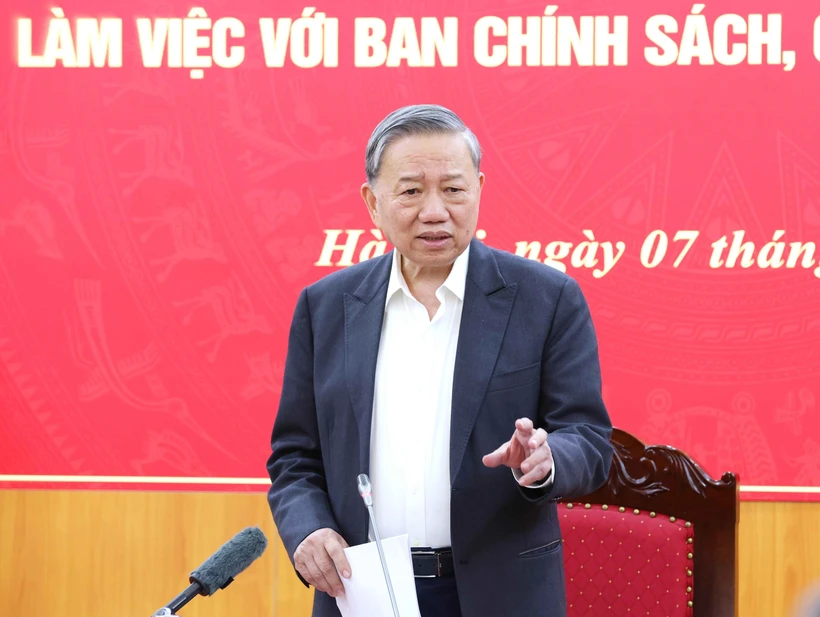 Party General Secretary To Lam underscores the need for a clear strategy to develop the private economic sector at a working session with the Party Central Committee's Commission for Policies and Strategies on March 7. (Photo: VNA)