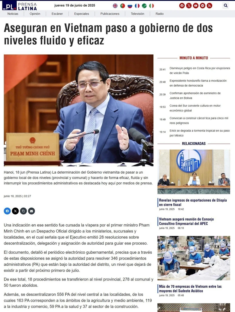 Prensa Latina's article on Vietnam’s assurance of smooth and effective transition to a leaner structure. (Photo: VNA)