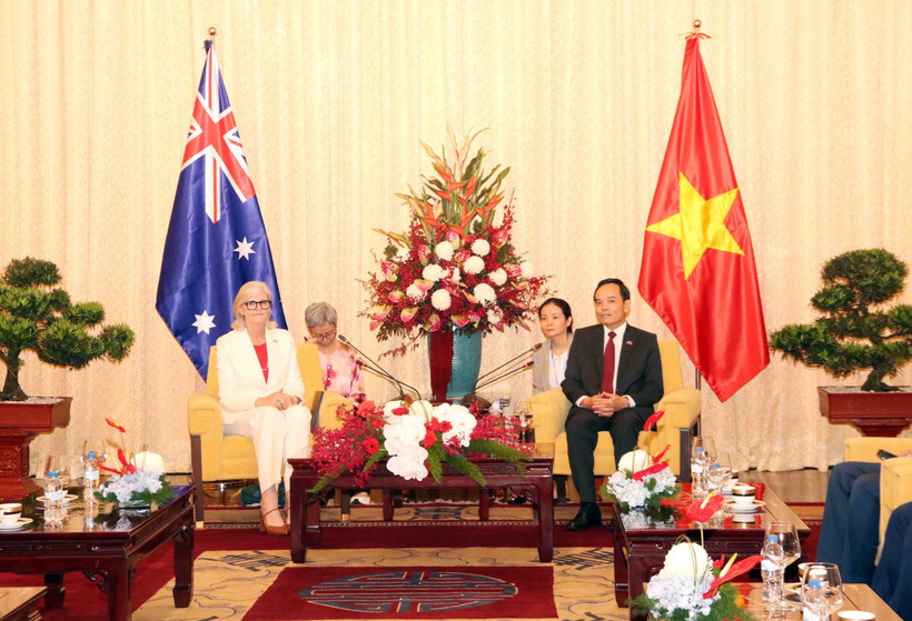 Secretary of the municipal Party Committee Tran Luu Quang (R) meets with Governor-General of Australia Sam Mostyn on September 12. (Photo: VNA)