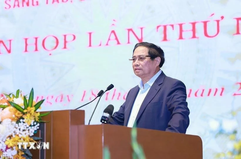 Prime Minister Pham Minh Chinh speaks at the first meeting of the Government steering committee for the development of science, technology, innovation and digital transformation, and Project No. 06. (Photo: VNA)