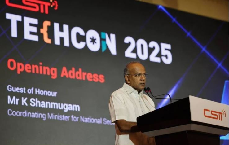 Coordinating Minister for National Security K. Shanmugam delivering his speech during the Tech Conference 2025 (Photo: The Straits Times)