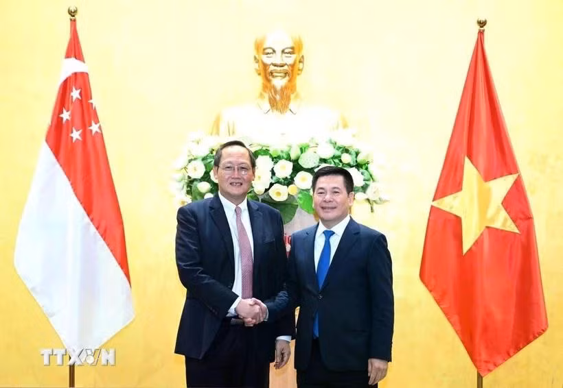 Minister of Industry and Trade Nguyen Hong Dien (R) holds talks with Second Minister for Trade and Industry on the expansion of cooperation in economy, trade, and energy in March last year. (Photo: VNA)