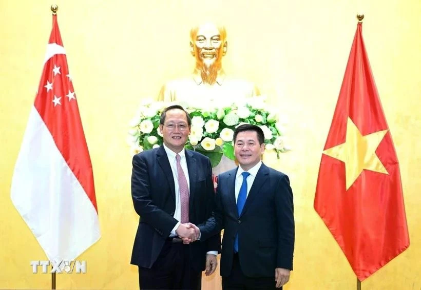 Minister of Industry and Trade Nguyen Hong Dien (R) holds talks with Second Minister for Trade and Industry on the expansion of cooperation in economy, trade, and energy in March last year. (Photo: VNA)