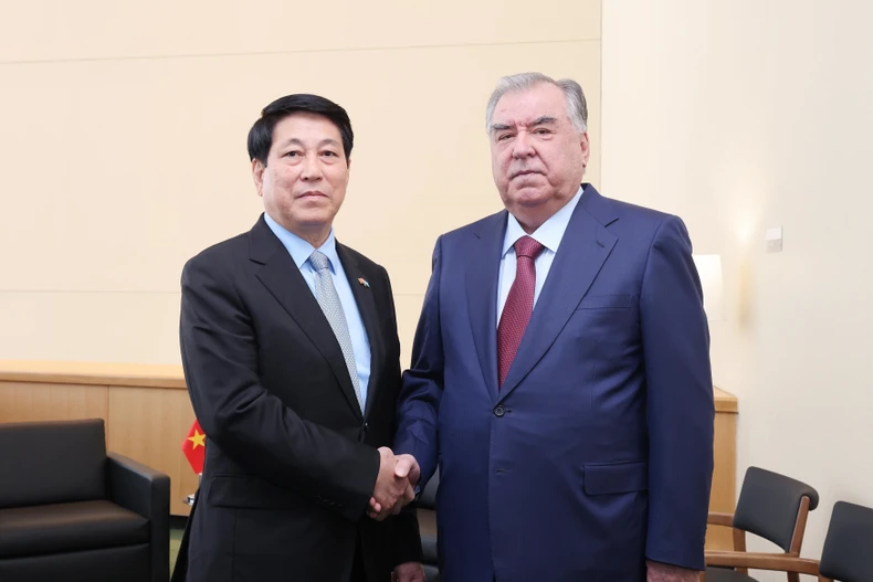 Vietnamese State President Luong Cuong (L) and Tajikistani President Emomali Rahmon at their meeting in New York on September 22 (local time). (Photo: VNA)