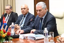 Cuban President Miguel Díaz-Canel at a meeting with a delegation of Vietnamese businesses led by the Thai Binh Group. (Photo: VNA)