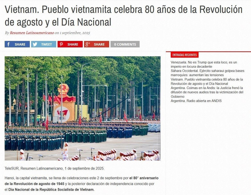 Resumen Latinoamericano runs an article hailing Vietnam's grand parade marking the 80th anniversaries of August Revolution and National Day. (Photo: VNA)