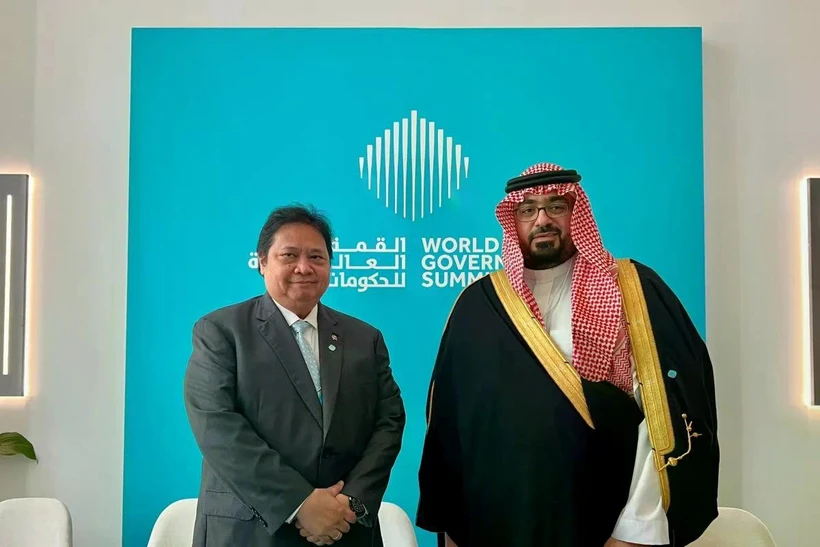 Indonesian Coordinating Minister for Economic Affairs Airlangga Hartarto (left) meets with Saudi Arabian Minister of Economy and Planning Faisal F. Alibrahim during the World Government Summit 2025 in Dubai, the UAE, February 11, 2025. (Photo: ANTARA)