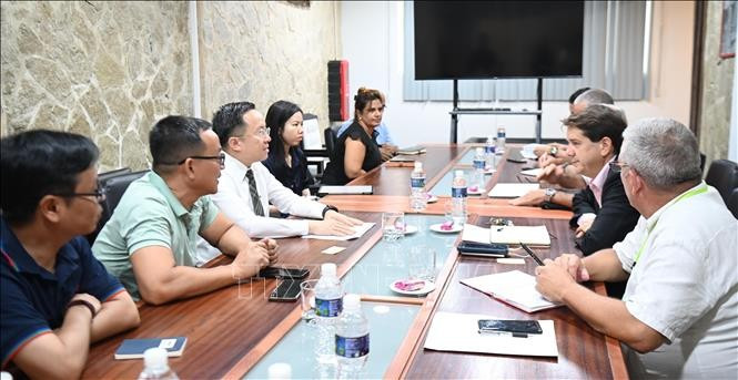At the working session between VTV journalists and the Cuban Institute of Information and Social Communication. (Photo: VNA)