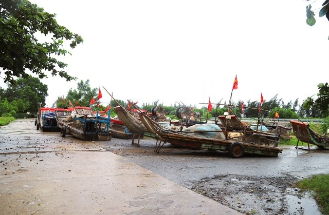 Fishermen in Nghe An province's Hai Chau commune haul over 400 fishing boats to safe areas. (Photo: VNA)