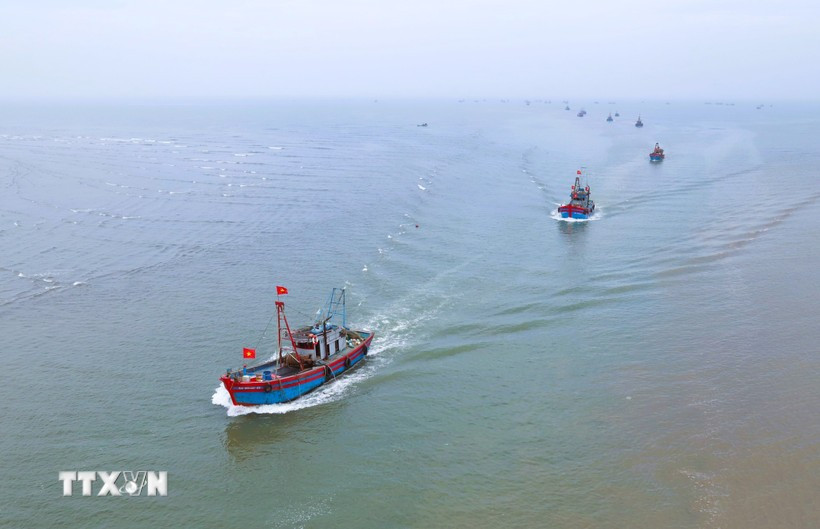 The offshore fishing fleet of the Ngoc Bich commune Fisheries Cooperative (Nghe An province) on its way to the river mouth. (Photo: VNA)