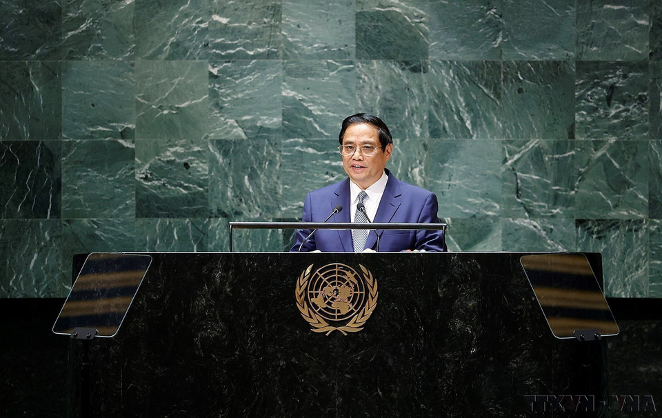 Prime Minister Pham Minh Chinh addresses the General Debate of the 78th UN General Assembly at UN Headquarters in New York, September 22, 2023. (Photo: VNA)