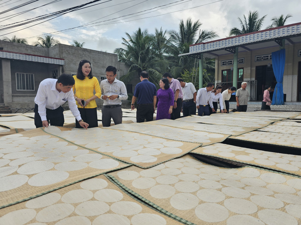 Tourists experience the process of drying Son Doc puff rice paper. (Photo: VNA)