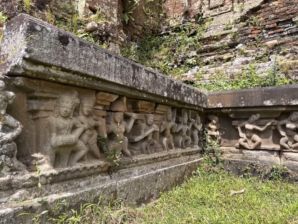 Sandstone reliefs at Chien Dan depict Cham dancers performing traditional movements from ancient rituals. (Photo: VNA)
