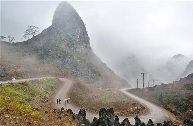 Mountain peaks shrouded in clouds at the Dong Van Karst Plateau. (Photo: VNA)