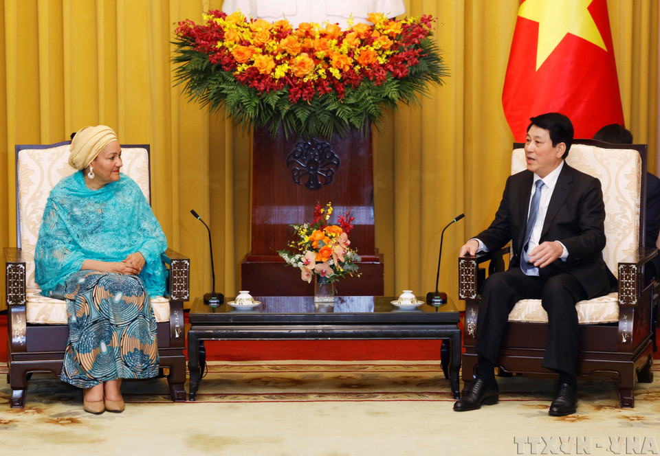 State President Luong Cuong meets UN Deputy Secretary-General Amina Mohammed on the occasion of her attendance at the 4th Partnering for Green Growth and the Global Goals (P4G) Summit in Hanoi, April 17, 2025. (Photo: VNA)