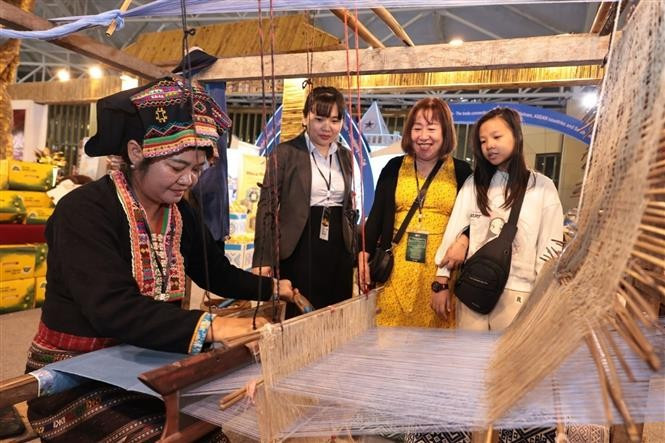 Visitors watching an artisan weaving brocade. (Photo: VNA)