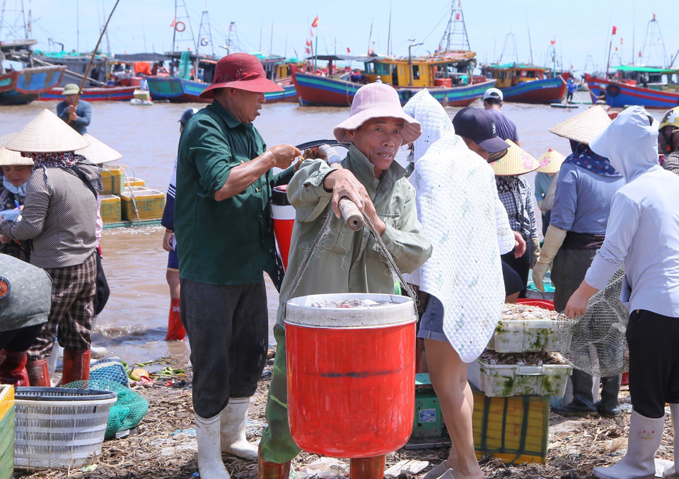 Locals transport purchased seafood containers ashore for distribution. (Photo: VNA)