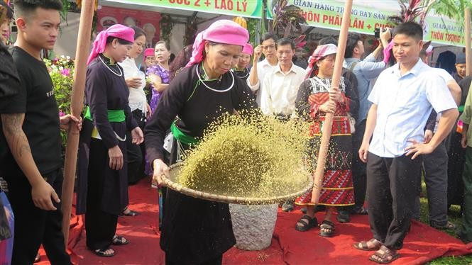Tay women in Hop Thanh sift green sticky rice — an essential step in the traditional process. (Photo: VNA)