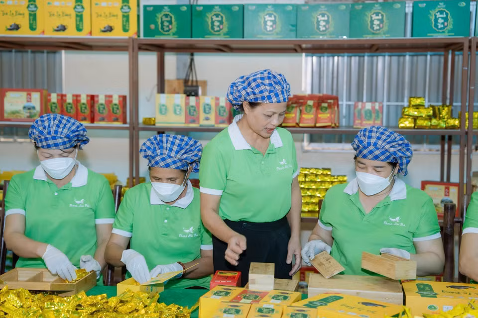 Artisan Nguyen Thi Hai and cooperative members at the production workshop of La Bang Tea Cooperative. (Photo: VNA)