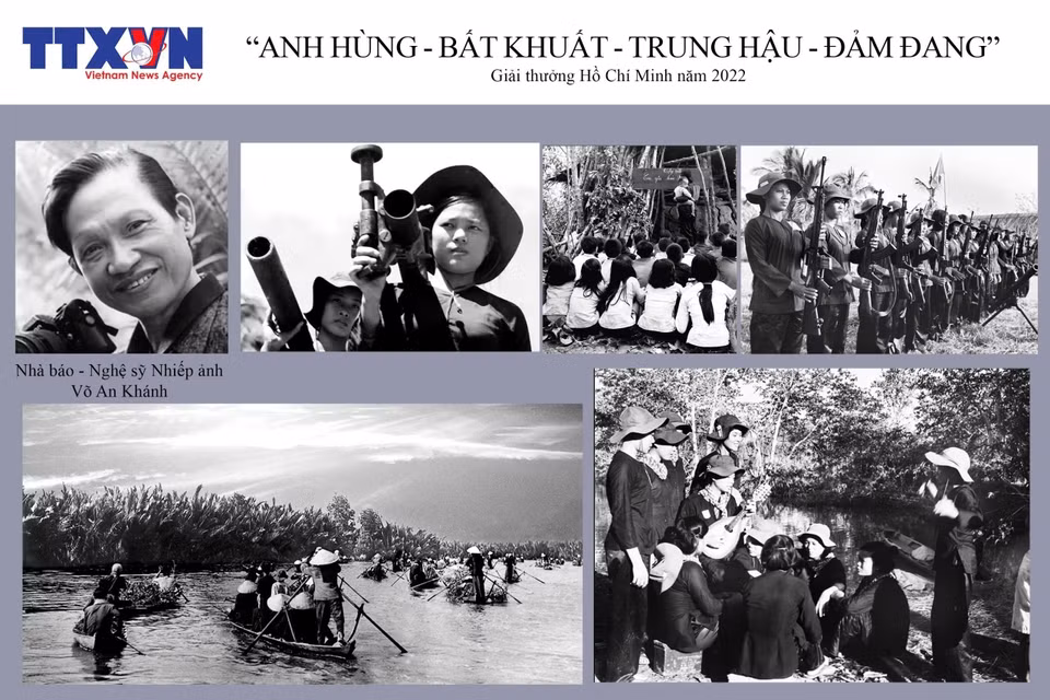 Late photographer Vo An Khanh is honoured with both the Ho Chi Minh Prize and the State Prize for Literature and Arts. In the photo: The 10-photo series “Heroic – Indomitable – Loyal – Courageous” receives the Ho Chi Minh Prize in 2022. (Photo: VNA)