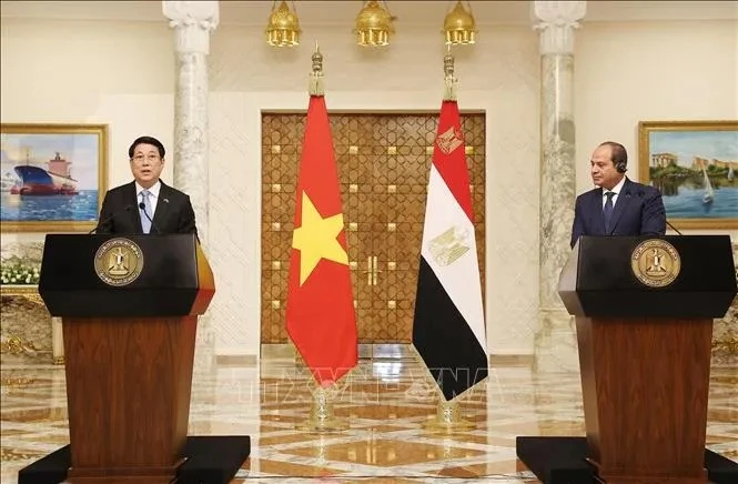 Vietnamese State President Luong Cuong (L) and Egyptian President Abdel Fattah El-Sisi at the press conference following their talks. (Photo: VNA)