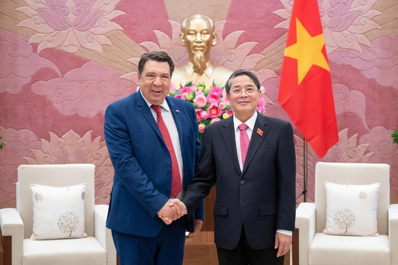 National Assembly Vice Chairman Nguyen Duc Hai (R) and Gabriel Petridis, Honorary Consul of Vietnam in Greece’s Piraeus and chairperson of the Aries Energy & Transport Corp., at their meeting in Hanoi on November 10. (Photo: quochoi.vn)