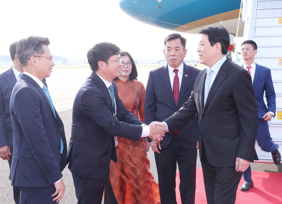 Delegates welcome State President Luong Cuong at Gimhae military airport in Busan, the Republic of Korea. (Photo: Lam Khanh - VNA)