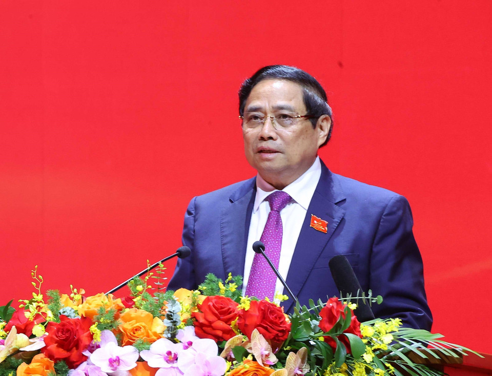 Politburo member, Secretary of the Party Committee, and Prime Minister Pham Minh Chinh delivers a speech at the event. (Photo: Van Diep - VNA)