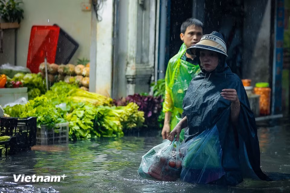 To prepare dinner for their families, many wade through waist-deep water to buy food in areas not yet heavily flooded. (Photo: Hoai Nam/Vietnam+)