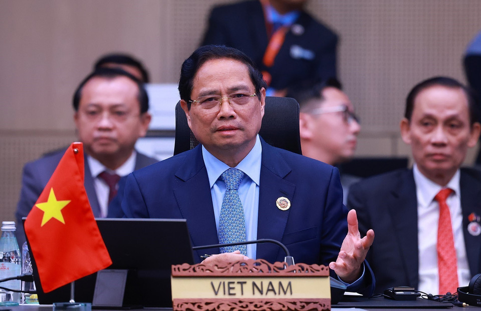 Prime Minister Pham Minh Chinh attends and delivers remarks at the 28th ASEAN-Japan Summit. (Photo: Duong Giang/VNA)