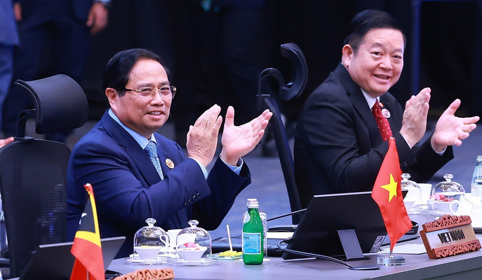 Prime Minister Pham Minh Chinh attends and delivers remarks at the 28th ASEAN-Japan Summit. (Photo: Duong Giang/VNA)