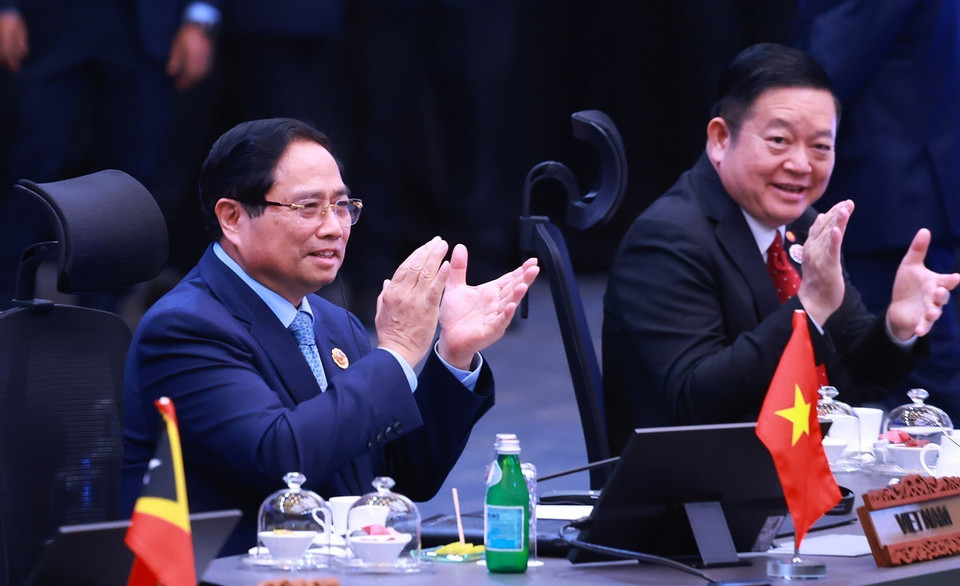 Prime Minister Pham Minh Chinh attends and delivers remarks at the 28th ASEAN-Japan Summit. (Photo: Duong Giang/VNA)