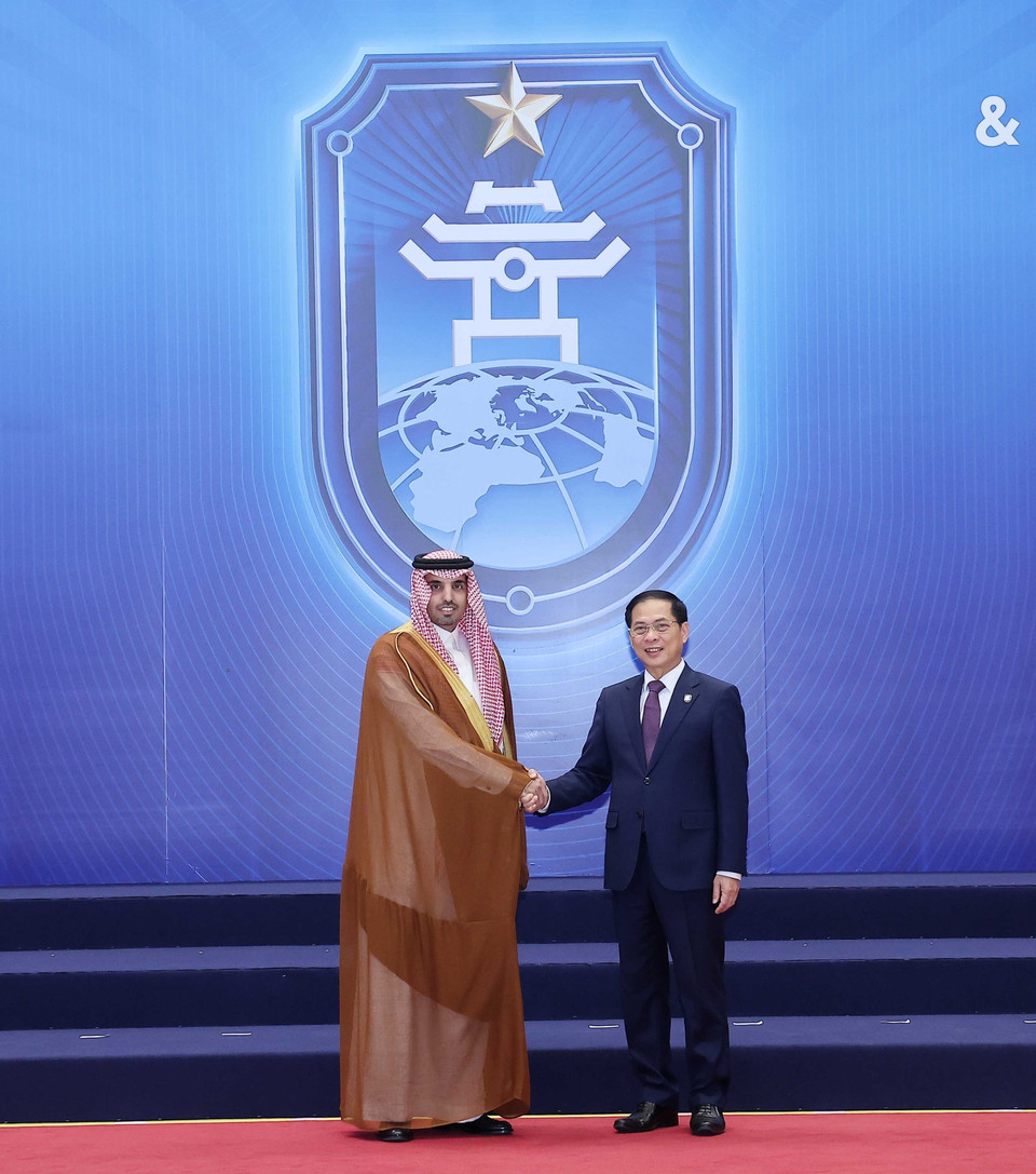 Deputy Prime Minister Bui Thanh Son welcomes heads of delegations attending the United Nations Convention against Cybercrime (Hanoi Convention) signing ceremony in Hanoi. (Photo: VNA)