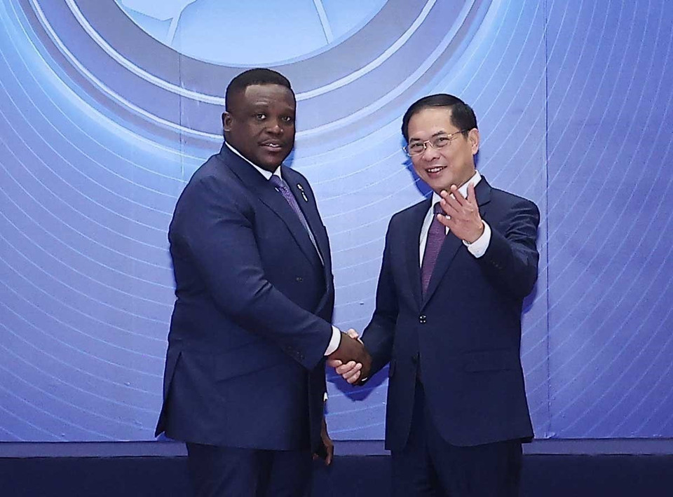 Deputy Prime Minister Bui Thanh Son welcomes heads of delegations attending the United Nations Convention against Cybercrime (Hanoi Convention) signing ceremony in Hanoi. (Photo: VNA)