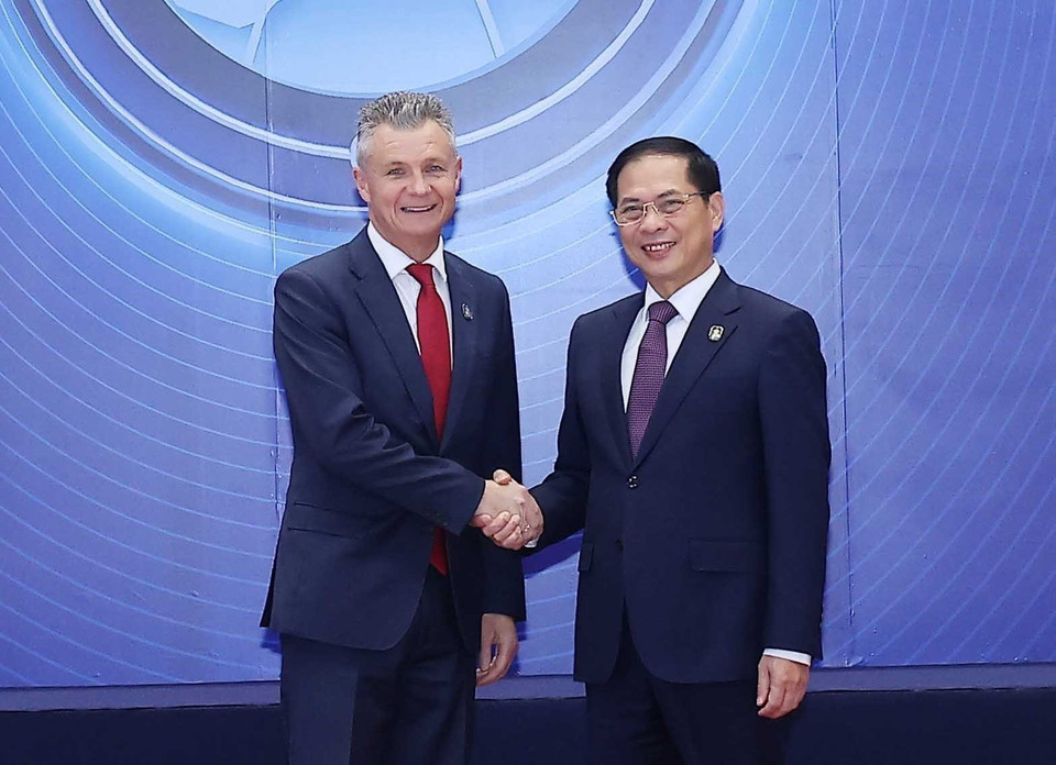 Deputy Prime Minister Bui Thanh Son welcomes heads of delegations attending the United Nations Convention against Cybercrime (Hanoi Convention) signing ceremony in Hanoi. (Photo: VNA)