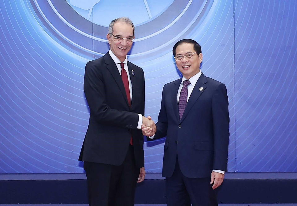 Deputy Prime Minister Bui Thanh Son welcomes heads of delegations attending the United Nations Convention against Cybercrime (Hanoi Convention) signing ceremony in Hanoi. (Photo: VNA)