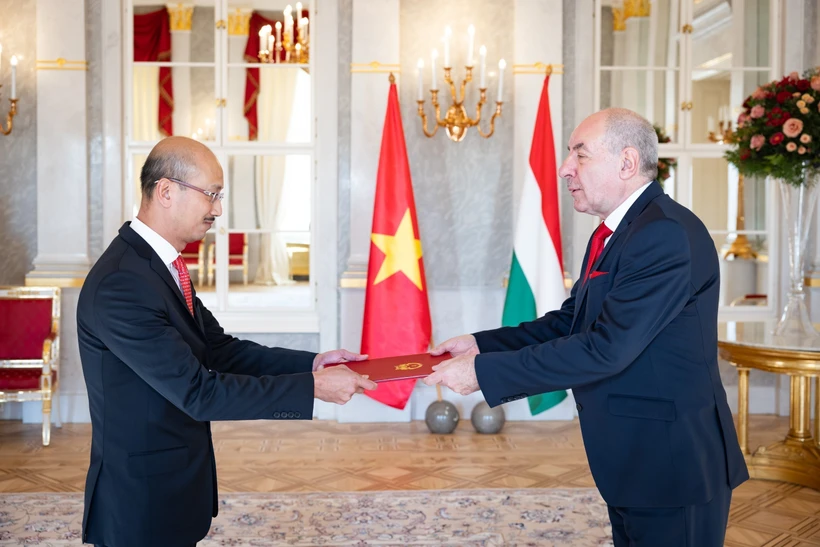 Vietnamese Ambassador to Hungary Bui Le Thai (L) presents his credentials to Hungarian President Tamás Sulyok. (Photo: VNA)