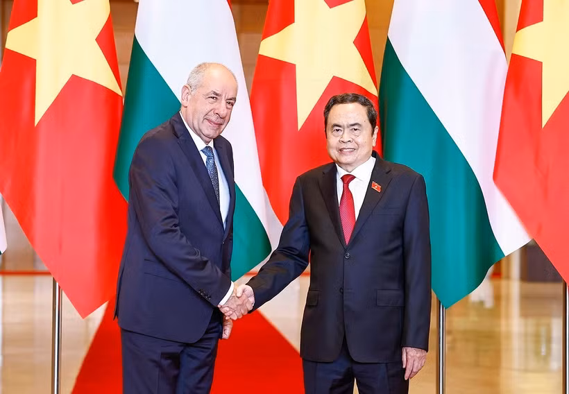 National Assembly Chairman Tran Thanh Man (R) and visiting Hungarian President Sulyok Tamas at their meeting on May 28 afternoon. (Photo: VNA)