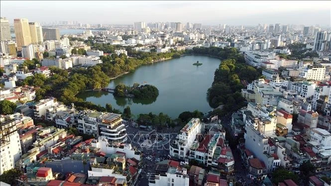 A bird's eye view of Hoan Kiem lake area in Hanoi (Photo: VNA)