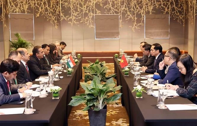 At the meeting between Deputy Prime Minister and Minister of Foreign Affairs Bui Thanh Son and Indian Minister of State for External Affairs and for Environment, Forest & Climate Change Kirti Vardhan Singh on the sidelines of the 2nd ASEAN Future Forum (AFF) in Hanoi on February 25. (Photo: VNA)